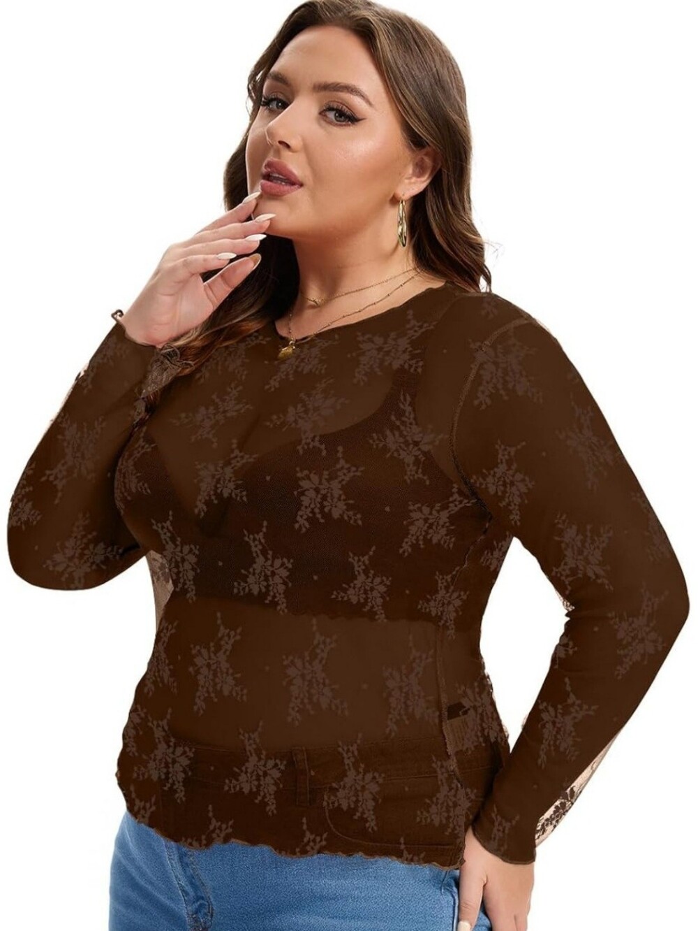Sheer Floral Mesh Long Sleeve Top - Deep Coffee